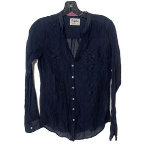 Holding Horses Anthro Polka Dot Button Up Shirt 2 Navy Blue Long Sleeve Roll Tab